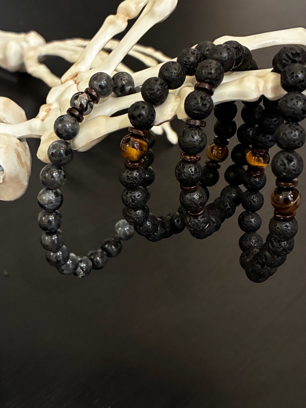 Set4 Men's Black Lava & Tiger Eye Beaded Stretch Bracelet - Natural Stone Accent